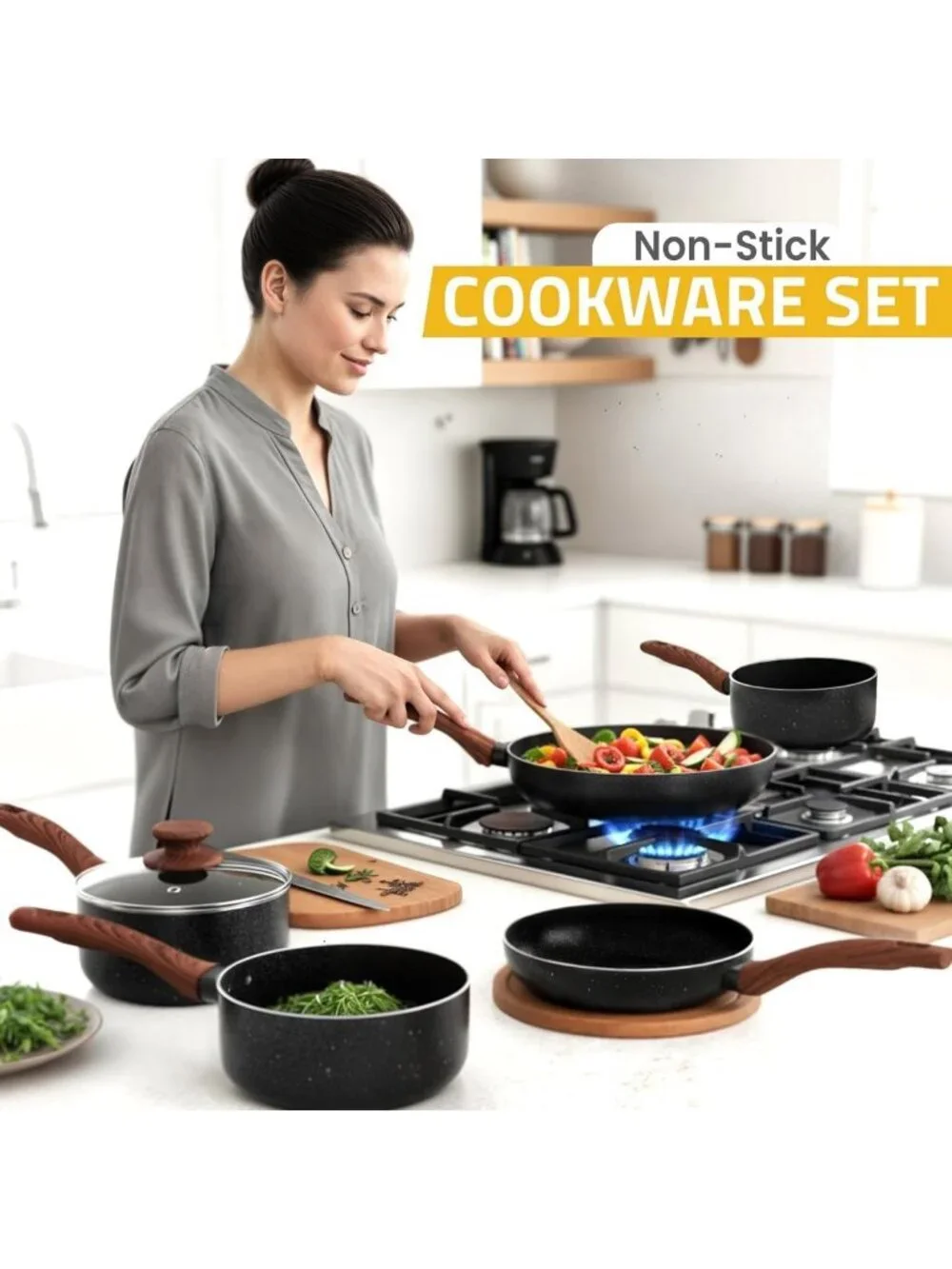 8-Piece Non-Stick Granite Cookware Set - Induction Frying Pans & Saucepans